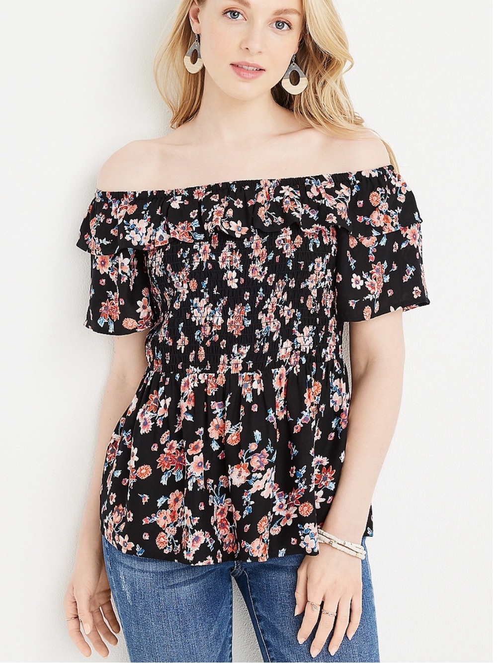 Maurices blouse smocked off the shoulder black floral top